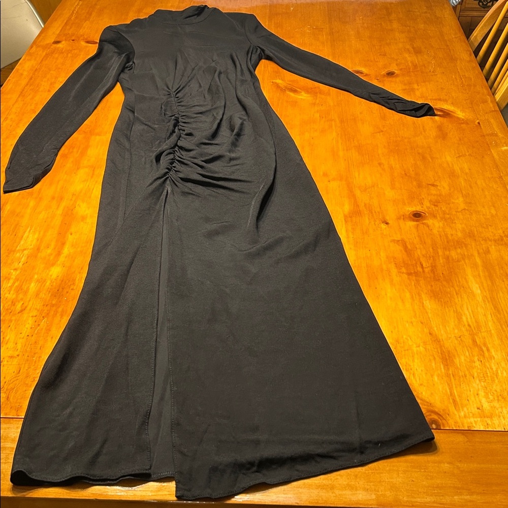 Zara Black Draped Sheath Long Sleeve Ruched Mock Neck Dress with Side Slit Glam - Picture 12 of 14